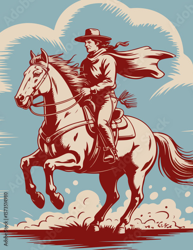 Vintage Cowgirl Riding Horse Illustration – Western Retro Style Art

