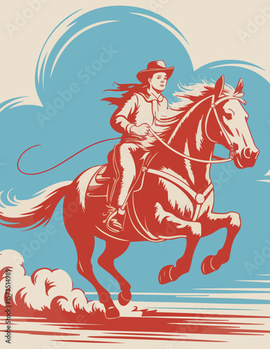 Vintage Cowgirl Riding Horse Illustration – Western Retro Style Art

