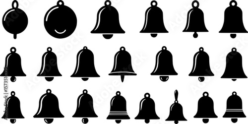 Collection of black and white silhouette illustrations of various bell shapes
