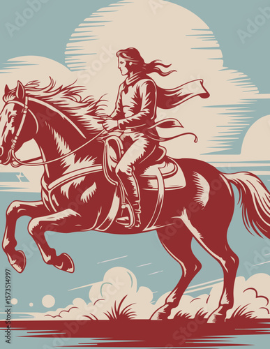 Vintage Cowgirl Riding Horse Illustration – Western Retro Style Art

