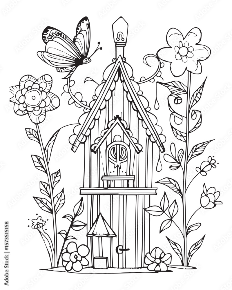 Naklejka premium Whimsical Birdhouse in a Floral Garden