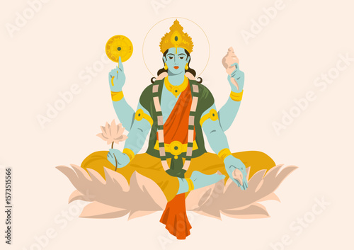 Indian Hindu Goddess Vishnu Colored Cartoon Illustration
