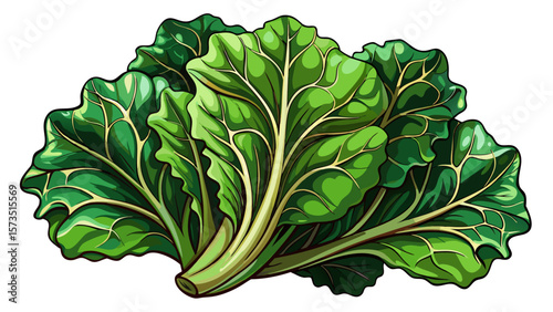 Curled organic mustard greens, dark and leafy, create a dramatic pattern on white background, with strong veins and edges highlighted by gentle shadows, ideal for gourmet or detox-style illustrations.