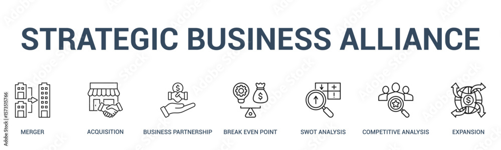 Obraz premium STRATEGIC BUSINESS ALLIANCE banner web icon vector illustration concept for business with icon of merger, acquisition, business partnership, break even point, swot analysis, competitive analysis.