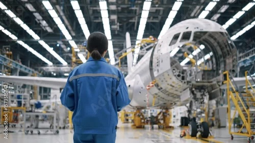 Rear view of woman in blue uniform near airplane fuselage in factory setting indoors