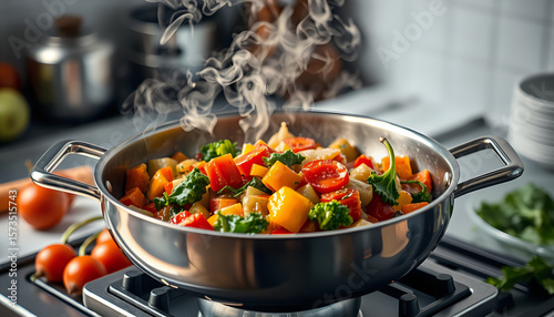 Sizzling vegetable medley in a stainless steel pan, vibrant colors with steam rising in a professional kitchen.