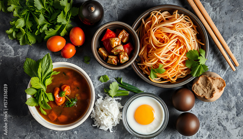 An overhead view of Asian cuisine ingredients arranged artistically on a stone surface.