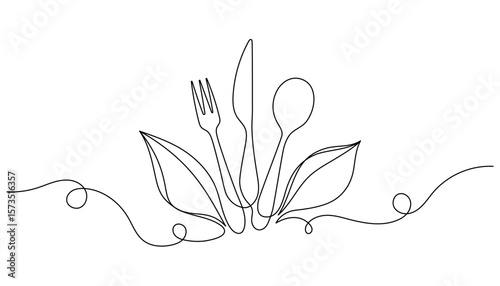 Fork, knife, and spoon with leaf in continuous one line drawing. Minimalist vector illustration of healthy eating, vegan or organic food concept. Isolated on white background.