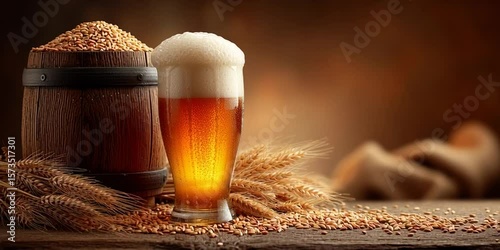 A wooden barrel filled with wheat and hops, next to it is an oversized glass of beer with foam on the table, on which grains can be seen, against a warm background color.