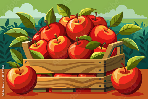 vector of Freshly picked red apples with leaves arranged in a wooden box on the table, ready for sale in the market.