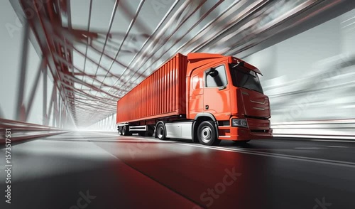 red cargo truck with a container on the road, driving under an abstract bridge, white background, speed lines and light streaks, perspective effect, wide-angle composition, digital illustration