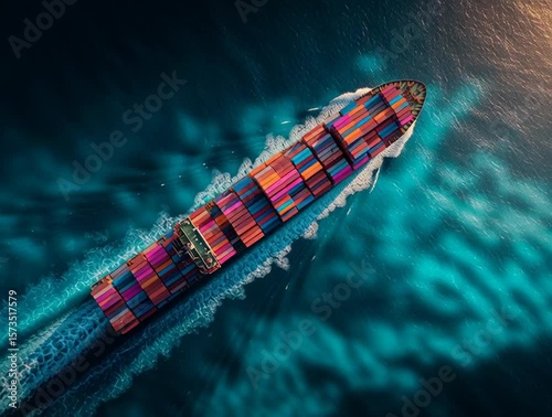 colorful cargo container ship smoothly gliding across a deep blue ocean on a sunny day, with the fixed top-down camera following the vessel without changing angle or position. the ship moves 