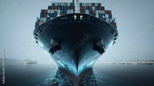 the front of a large container ship seen from below, we see a digital overlay highlighting the ship's hull