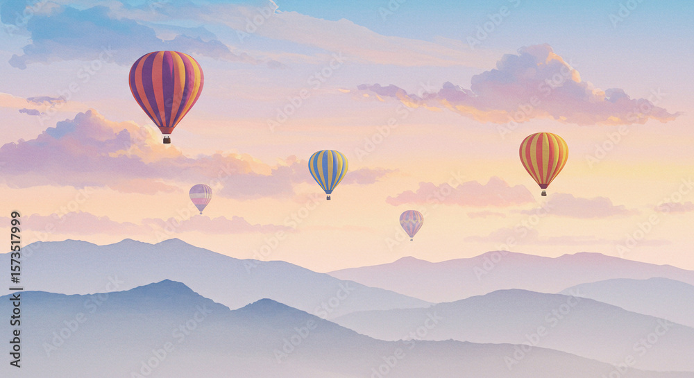 Fototapeta premium Watercolor hot air balloons flying above mountains in soft sunrise light and dreamy sky