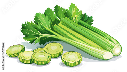 Clean organic celery stalks with leafy tops rest beside sliced rounds in a crisp, refreshing layout perfect for healthy snack visuals and diet-related designs in modern kitchen compositions.