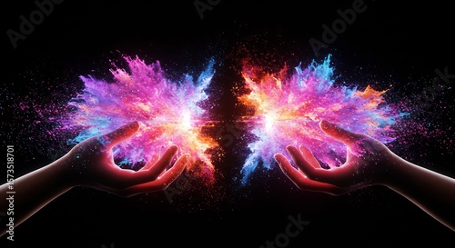 Dual Hands Unleash Colorful Powder Explosion, Abstract Art