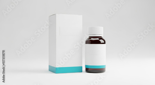 Product mockup of a brown amber medicine bottle with a blank white label next to its white packaging box, isolated on a clean studio background
