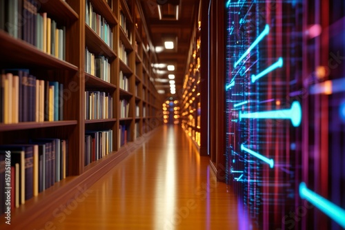 Futuristic digital library with glowing interface and traditional bookshelves in modern learning environment