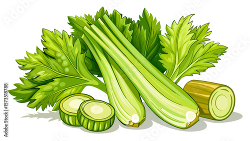 Clean organic celery stalks with leafy tops rest beside sliced rounds in a crisp, refreshing layout perfect for healthy snack visuals and diet-related designs in modern kitchen compositions.