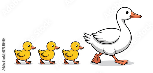 Cute cartoon mother duck and ducklings walking in a line