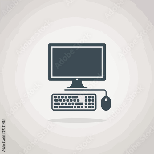 Iconic desktop computer setup with monitor keyboard and mouse on a light background