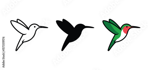 Three stylized hummingbirds in flight one outline one silhouette and one colored