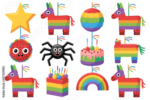 Collection of colorful cartoon pi atas in various shapes including horses cakes and a star