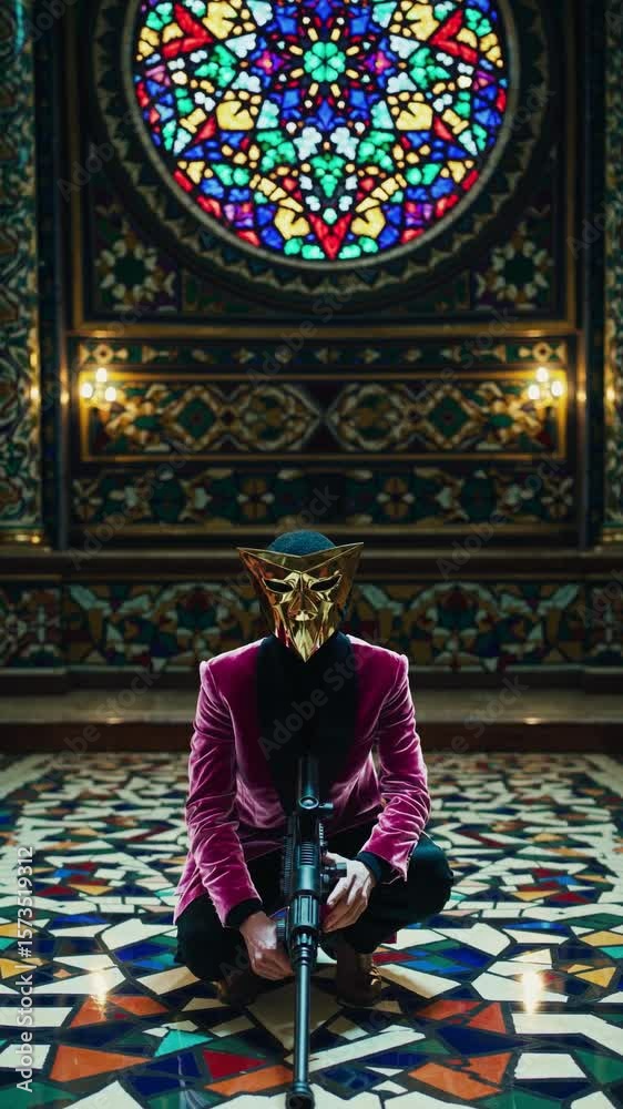  Homme masqué en velours rose dans un palais oriental