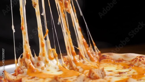 Close up of a slice of pizza being lifted showing the stringy cheese and orange tomato sauce topping