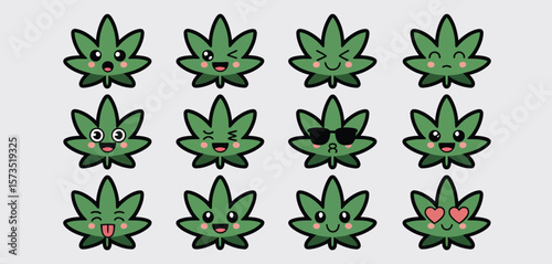 Cute kawaii marijuana leaves with various happy emotions and expressions