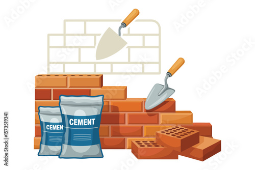 Construction scene with bricks cement bags and trowels for building a wall
