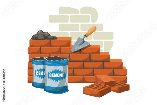 Construction scene with bricks cement bags and trowel building a wall