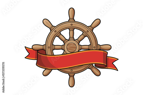 Wooden ship steering wheel with a red banner for text and nautical themes