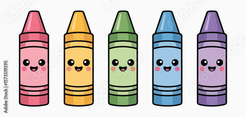 Five cute kawaii crayons in a row smiling and happy on a white background