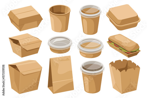 Collection of various brown paper food packaging containers and cups