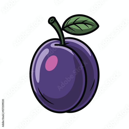 A vibrant purple plum with a green leaf and stem on a white background