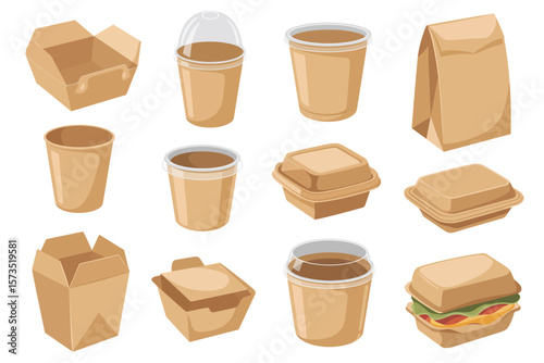 Collection of disposable brown paper food packaging and drink cups