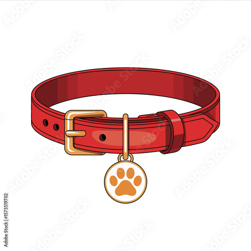 Red leather dog collar with gold buckle and paw print charm isolated on white background