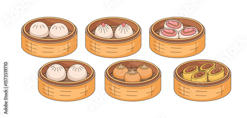 Collection of six bamboo steamers filled with various delicious dim sum dumplings