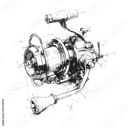 Fishing Reel Icon Hand-Drawn Sketch Brown, Transparent Background