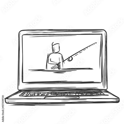 Laptop Fishing Hand-Drawn Sketch Icon, Transparent Background