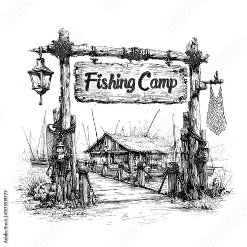 Fishing Camp Sign Hand-Drawn Sketch Monochrome, Transparent Background