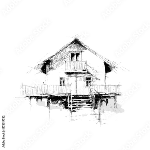 Stilt House Sketch Monochrome Architecture, Transparent Background