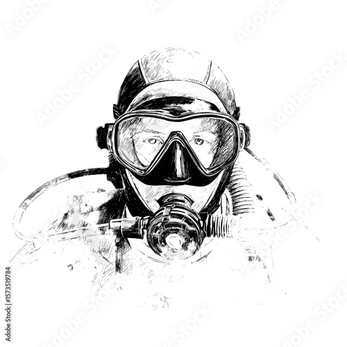 Scuba Diver Hand-Drawn Sketch Mask & Regulator, Transparent Background