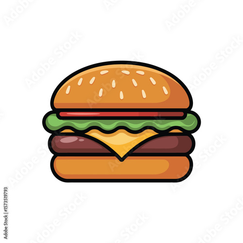 Stylized illustration of a delicious cheeseburger with sesame seed bun