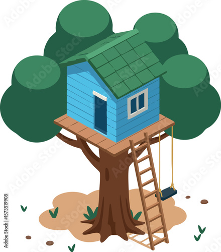 Treehouse design with green roof in a lush tree setting for children playtime