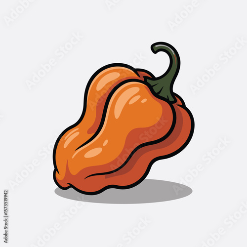 Vibrant orange habanero pepper with a distinctive wrinkled shape and green stem