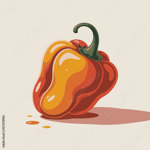 Vibrant red and yellow bell pepper with green stem and liquid droplets
