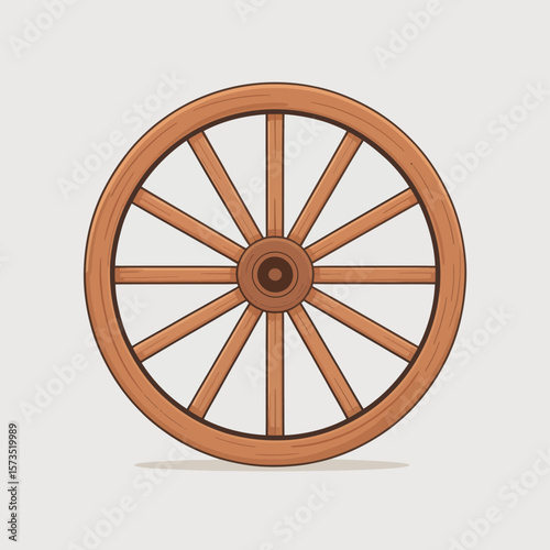 Classic wooden wagon wheel with spokes and hub on a light background