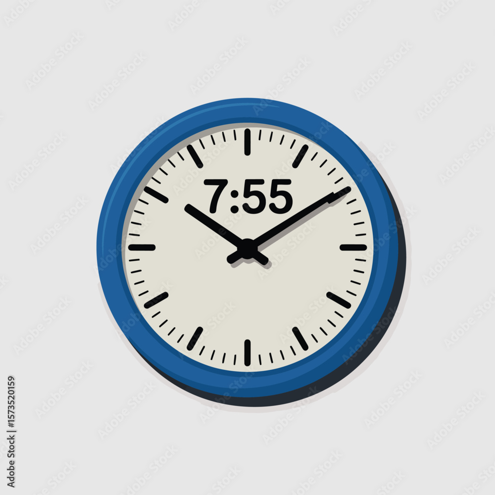 A blue framed analog clock shows the time 7 55 on a light gray background A blue framed analog clock shows the time 7 55 on a light gray background